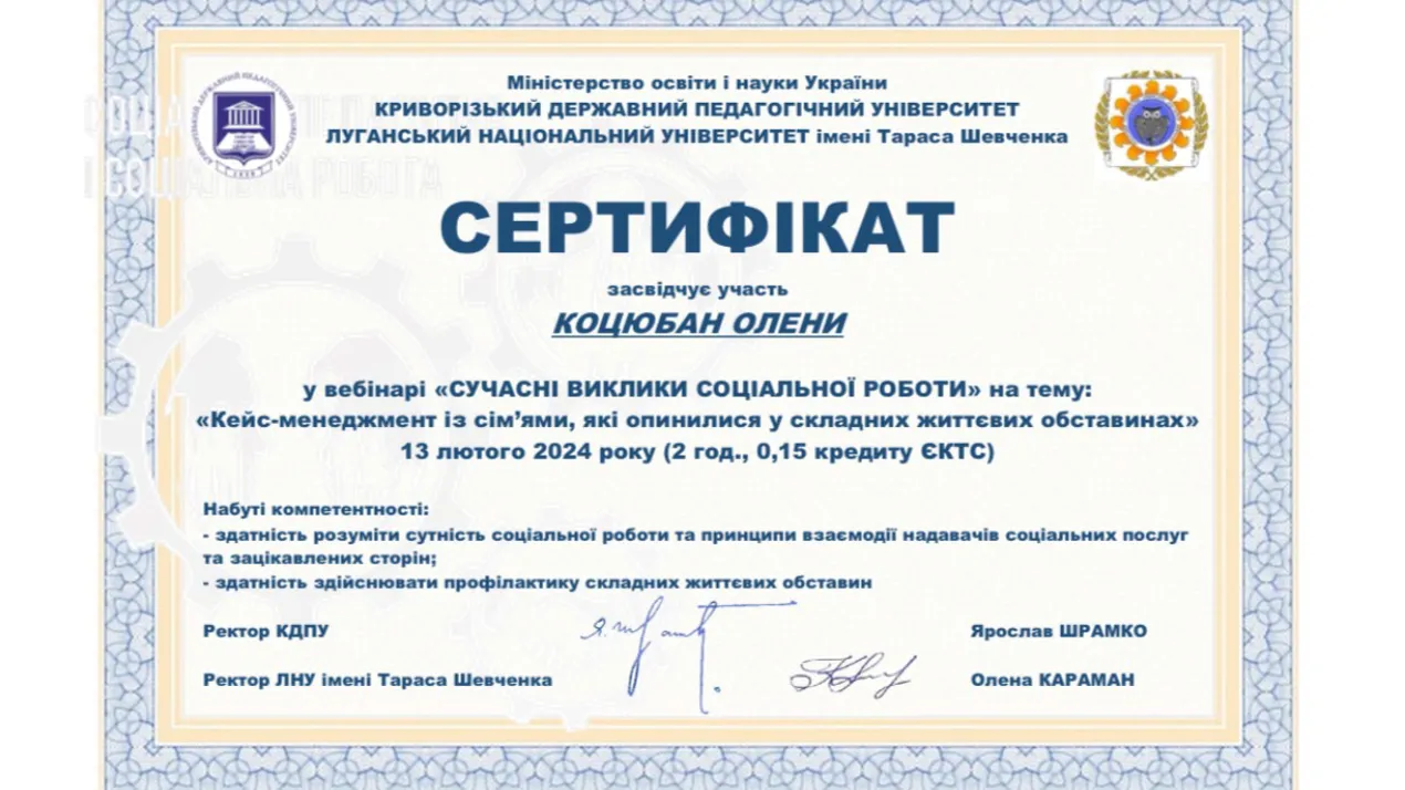 Участь у вебінарі "Сучасні виклики соціальної роботи"